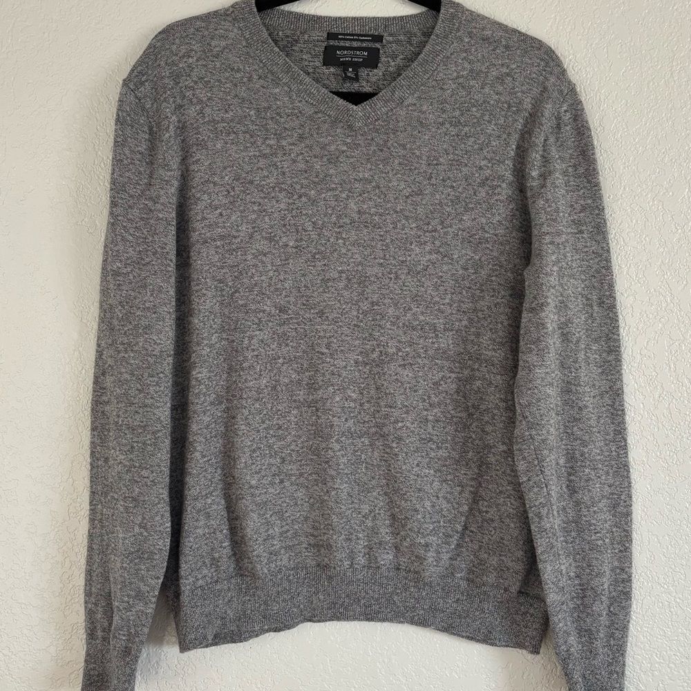 Nordstrom Men's Shop Grey Cotton & Cashmere V-Neck Sweater, Size Medium